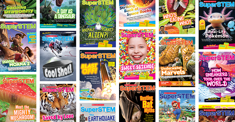A collage of Scholastic SuperSTEM magazine covers on various science topics
