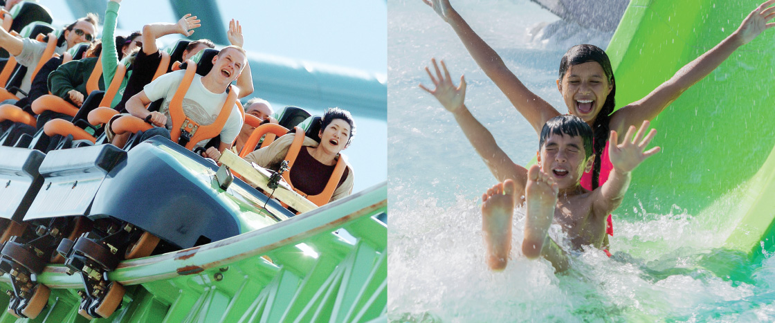 Image of people on a rollercoaster and image of people going down water slide