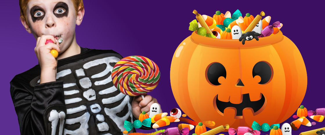 Image of a kid dressed as a skeleton and illustration of pumpkin filled with candy