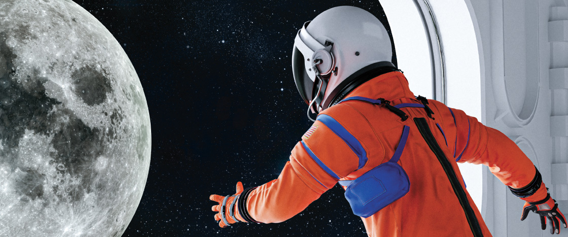 Image of an astronaut looking at the moon in outerspace