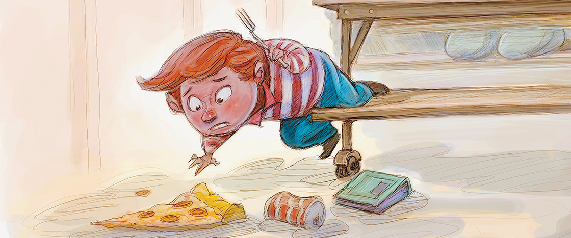 Illustration of a kid picking up pizza that has fallen on the floor
