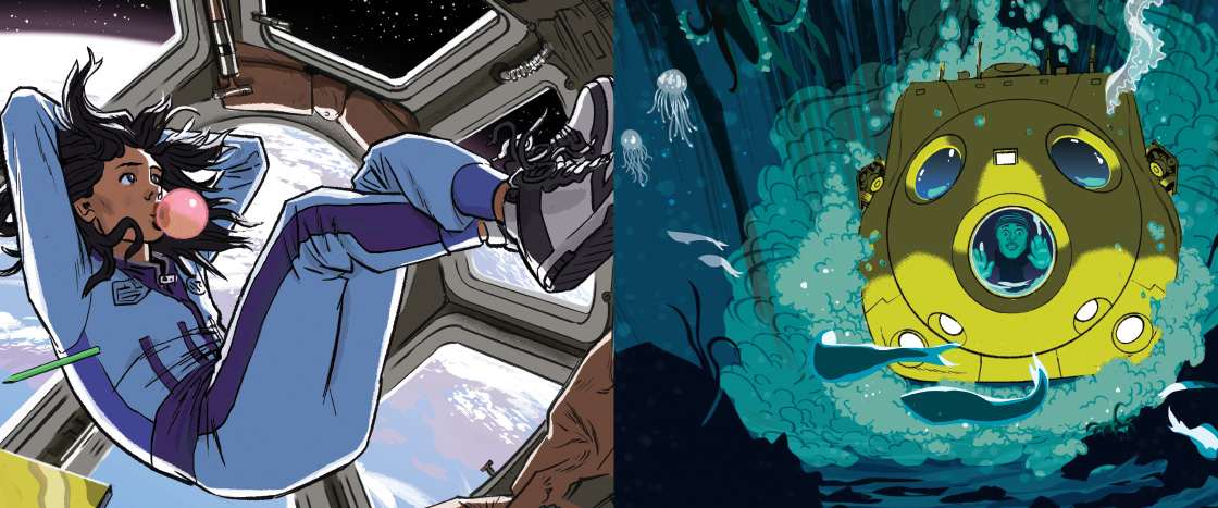 Illustration of astronaut in space and illustration of person underwater in submarine