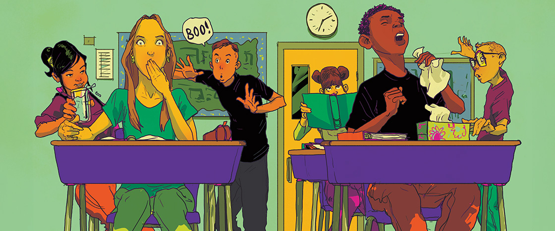 Illustration of a student having hiccups in class and another sneezing